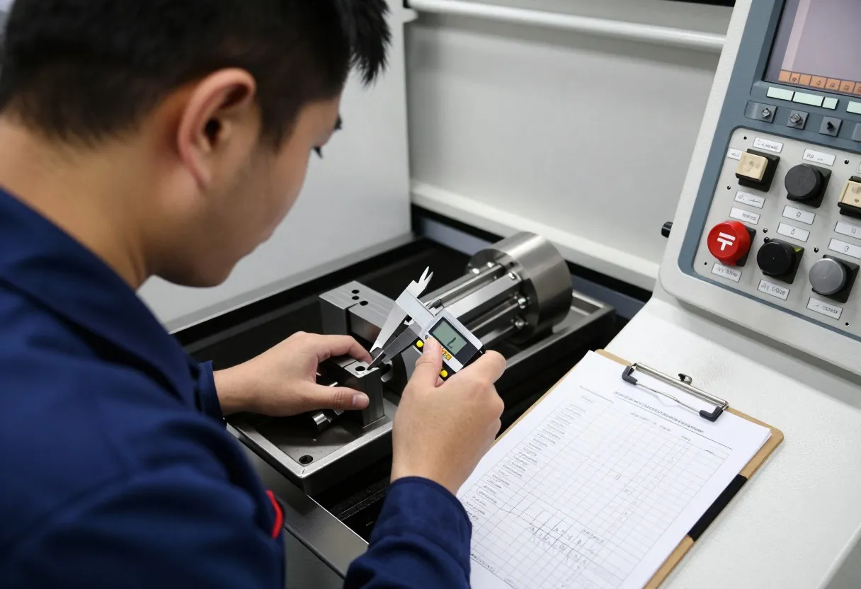 Machinist measuring a freshly machined part with a digital caliper next to a hand-plotted control chart log sheet at a CNC machine