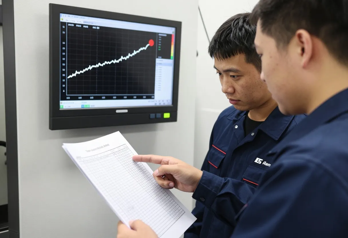 Machinist and quality technician reviewing a tool-change log next to a control chart on a shop floor monitor after an out-of-control signal