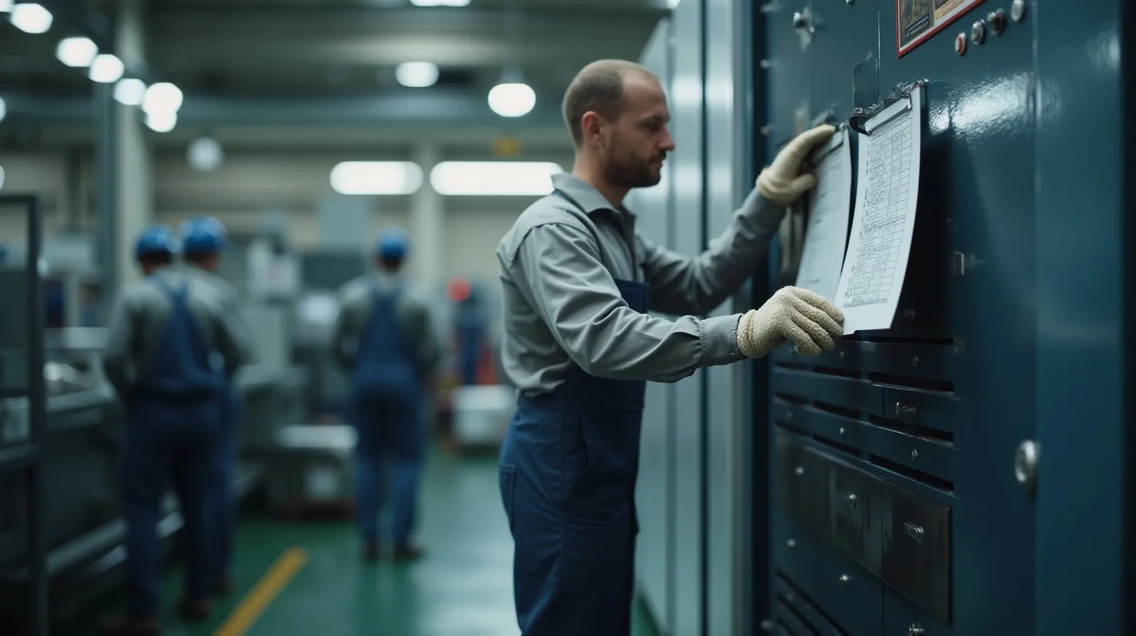 Machine operator in work coveralls performing routine cleaning and inspection on an industrial machine panel, checking a laminated inspection checklist clipped to the equipment