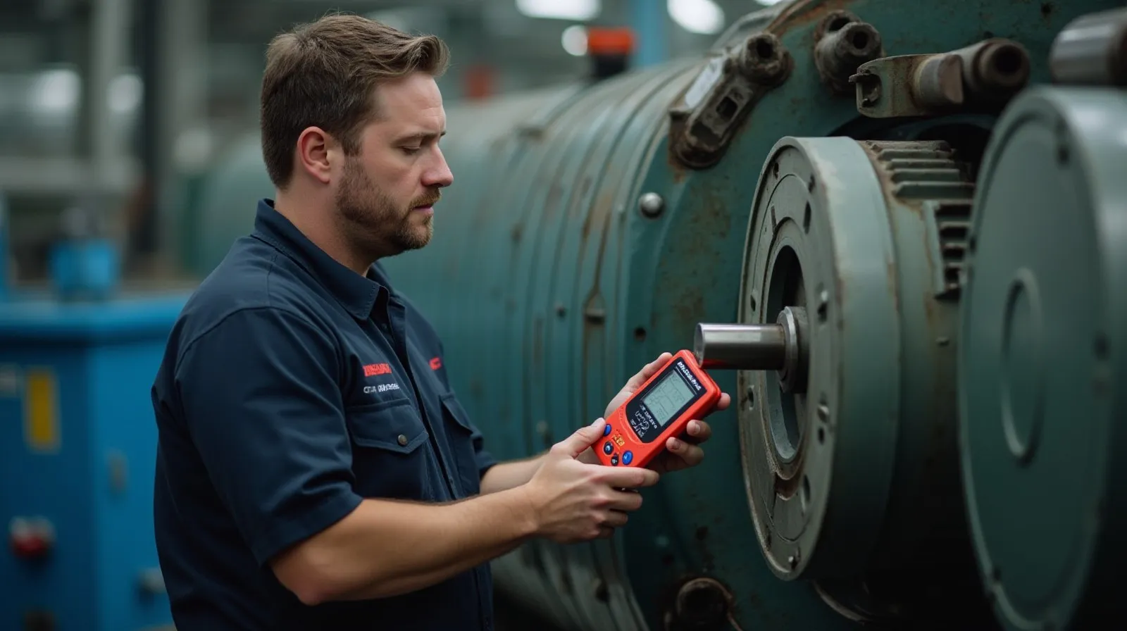 Maintenance technician using a handheld vibration analysis sensor against an industrial motor housing, checking a digital readout