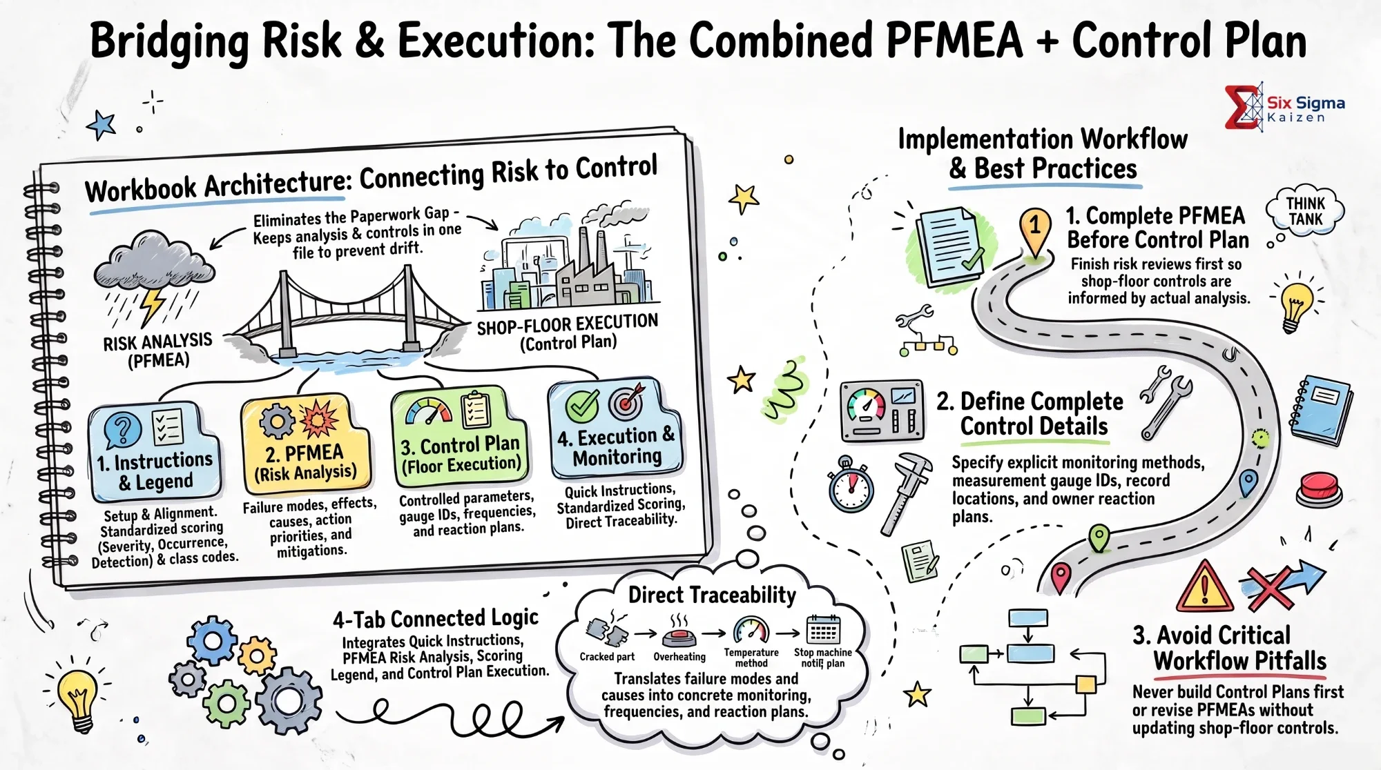 Infographic titled Bridging Risk and Execution: The Combined PFMEA plus Control Plan, showing the four-tab workbook architecture (Instructions and Legend, PFMEA risk analysis, Control Plan floor execution, execution and monitoring), direct traceability from failure mode to reaction plan, and an implementation workflow with best practices and pitfalls