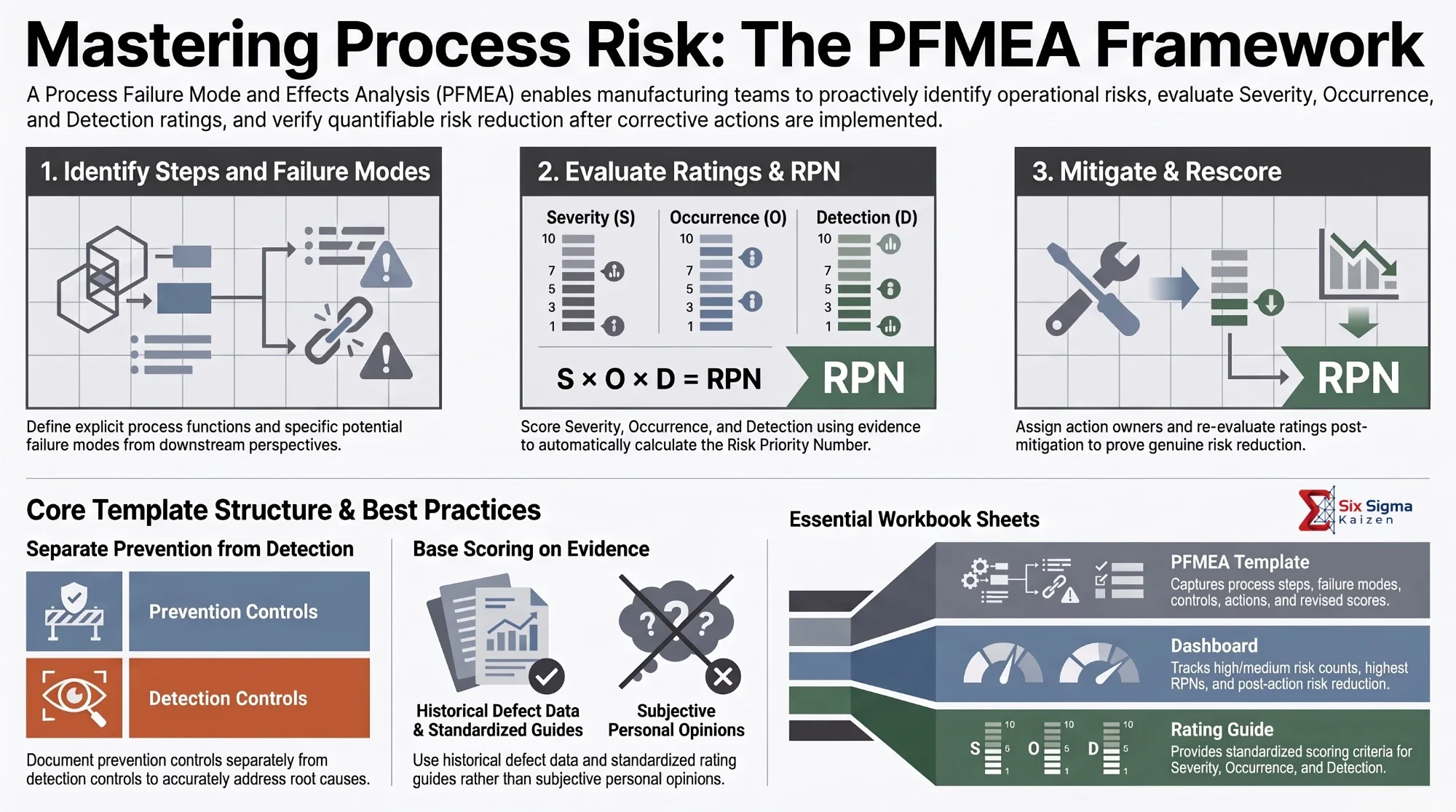 Infographic titled Mastering Process Risk: The PFMEA Framework, showing three steps (identify steps and failure modes, evaluate ratings and RPN, mitigate and rescore), the separation of prevention and detection controls, evidence-based scoring, and the PFMEA Template, Dashboard, and Rating Guide sheets