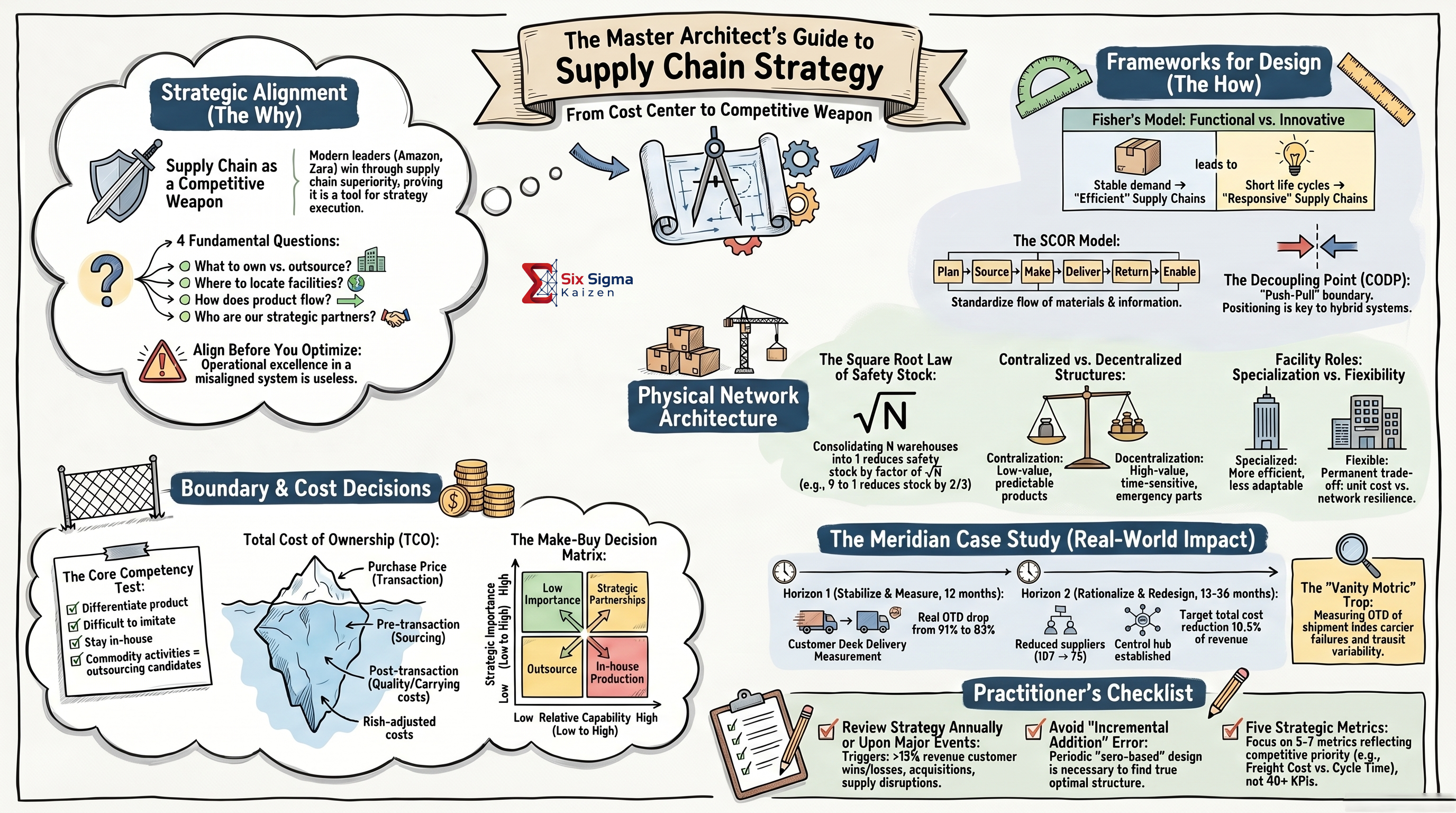 Supply chain strategy and design infographic covering strategic alignment, network architecture, total cost, make-buy decisions, and the Meridian case study