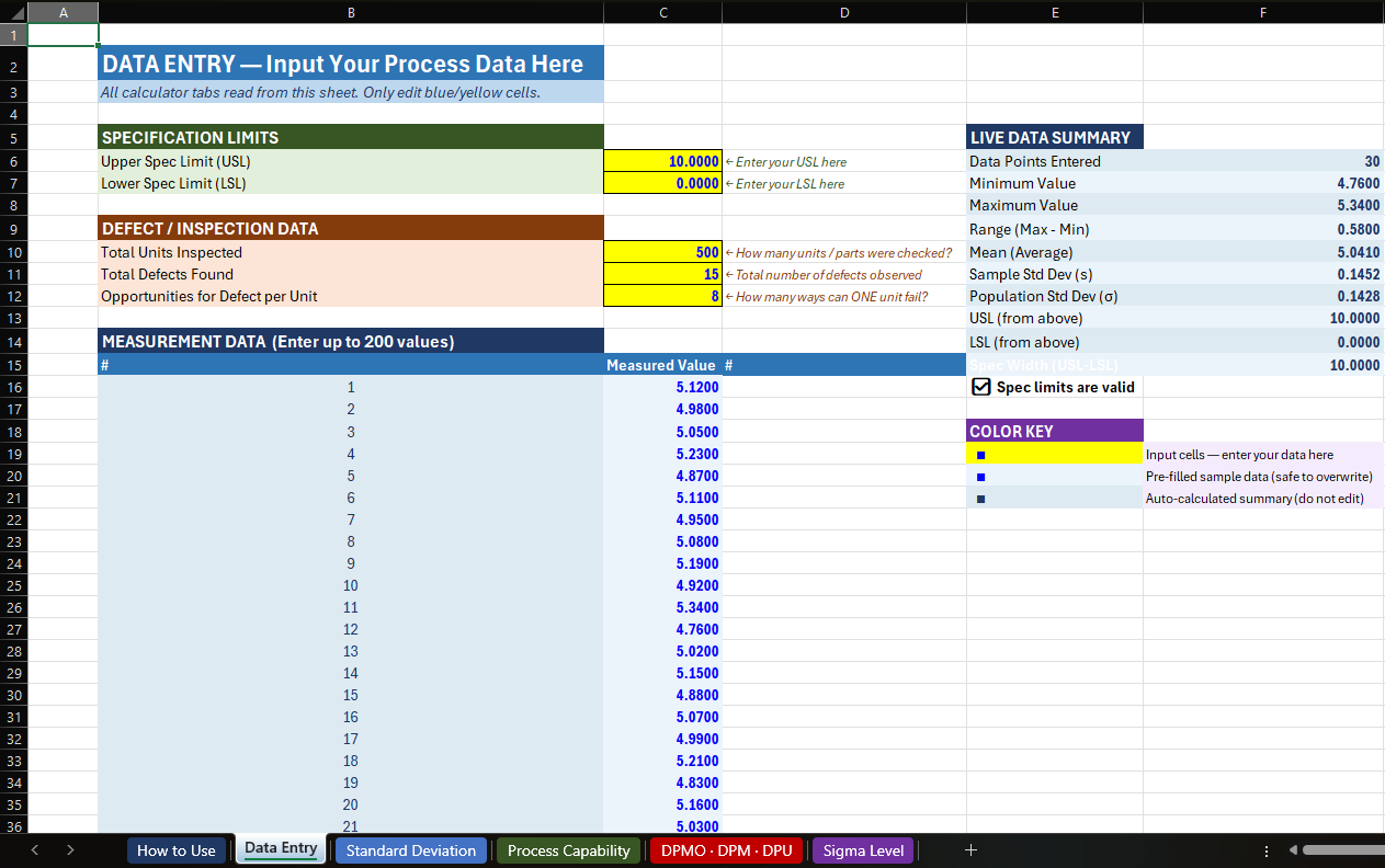 Six Sigma quality calculator suite data entry tab thumbnail