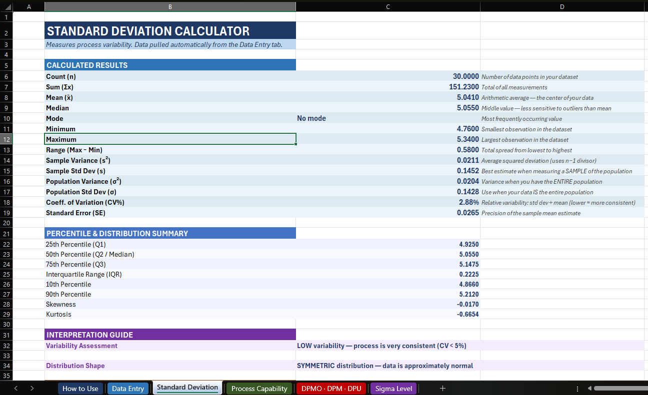 Six Sigma quality calculator suite standard deviation tab thumbnail